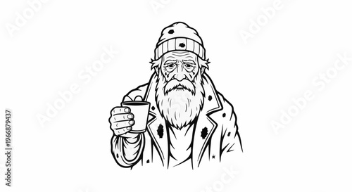 An old man with a beard and beanie holds a cup of drink