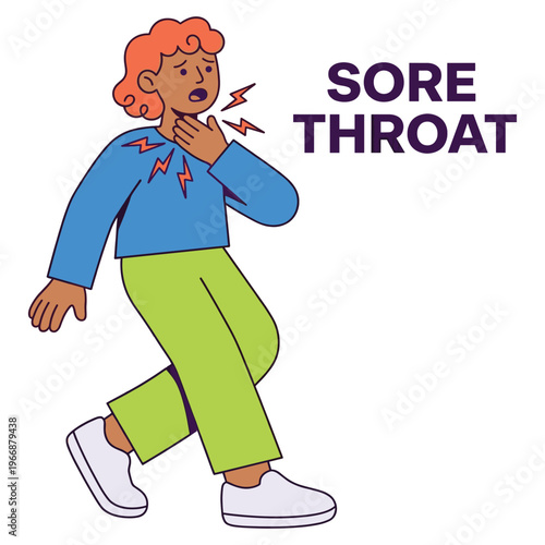 Illustration of a young person experiencing a painful sore throat, depicting common medical health symptoms and discomfort