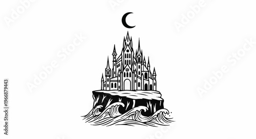 Ornate gothic castle silhouette on rocky cliff above crashing waves under crescent moon