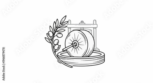 Traditional olive press with stone wheel and olives on branch