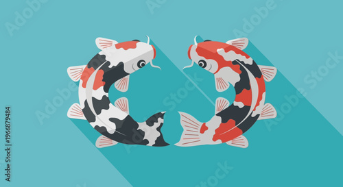 Flat Vector Illustration of Two Swimming Koi Fish on Teal Background