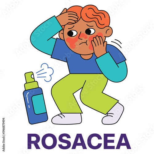 Cartoon Character Suffering from Rosacea Skin Disease, Experiencing Facial Symptoms and Seeking Medical Health Treatment and Healthcare