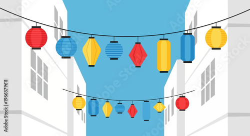 Colorful Chinese Lanterns Hanging Between Buildings Vector Illustration