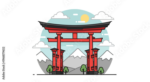 Japanese Torii Gate with Mount Fuji Landscape Illustration