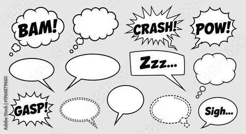Comic speech bubbles and thought balloons with sound effects, vector graphic elements