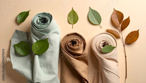 Natural fabric rolls with organic leaves and dried botanical elements.
