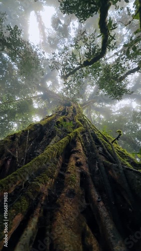 Massive ancient tree trunk with moss in misty forest. Low angle view of a massive moss-covered tree trunk reaching into the mist of a tropical forest.