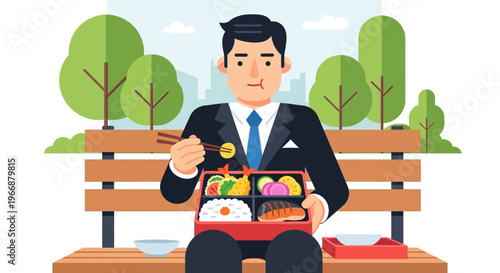 Businessman Enjoying Japanese Bento Box Lunch in Park