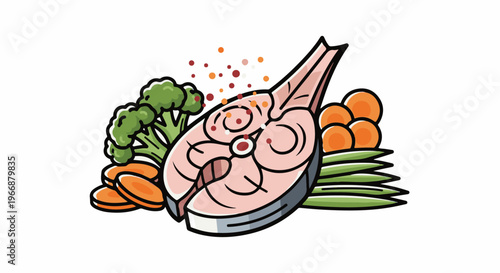 A raw fish steak with fresh broccoli, carrots, and green beans