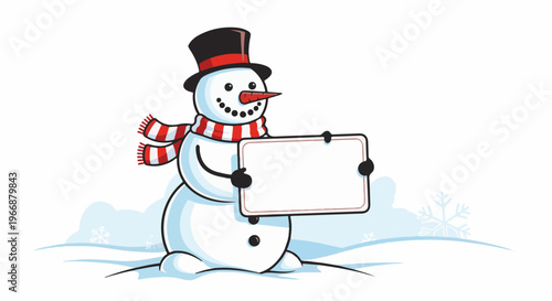 Jolly snowman in a top hat and scarf holding a blank sign