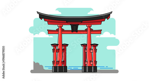 Flat Vector Illustration of Traditional Japanese Torii Gate