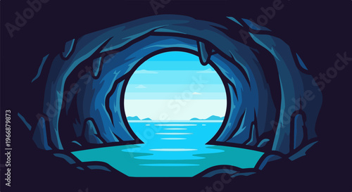 Pixelated cave opening reveals a tranquil ocean and distant islands under a bright sky