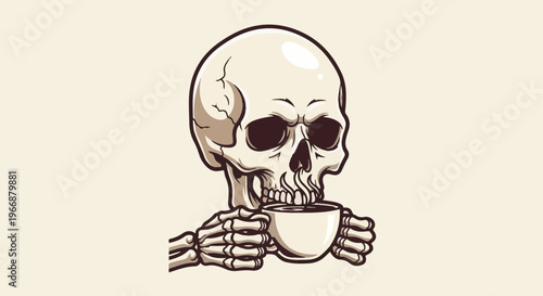 A skeleton holding a cup of coffee, with steam rising