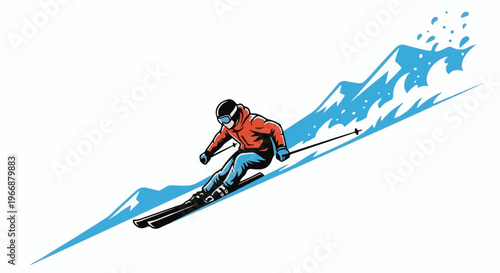 A skier in an orange jacket speeds downhill on a snowy mountain