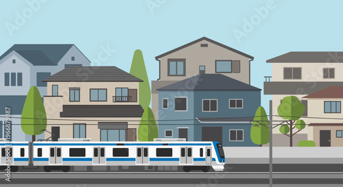 Commuter Train Passing Through a Suburban Residential Neighborhood