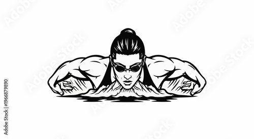 Stylized black and white graphic of a swimmer in mid-stroke, powerful build