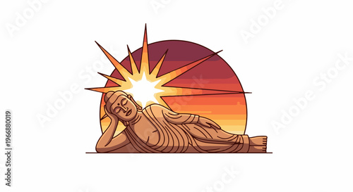 Reclining Buddha statue illuminated by a radiant sunburst at sunset