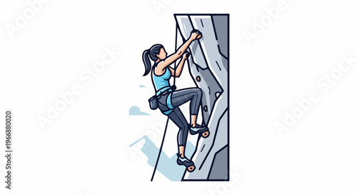 Woman rock climbing up a grey cliff face with blue sky and mountains