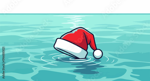 A red and white Santa hat is sinking into the bright blue water, creating ripples