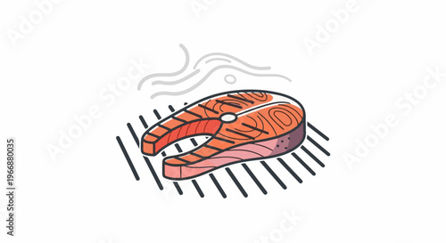 A stylized salmon steak is grilled, emitting steam and heat from its surface