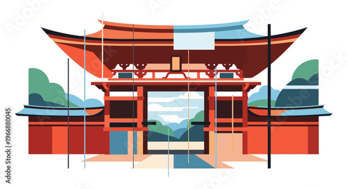 Flat Vector Illustration of a Traditional Japanese Temple Gate