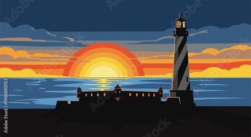 Pixel art lighthouse stands guard over tranquil ocean at sunset