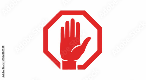 Red stop sign shape with a red palm of hand graphic inside