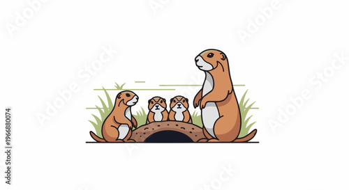 A family of four prairie dogs near their burrow, with two adults and two young
