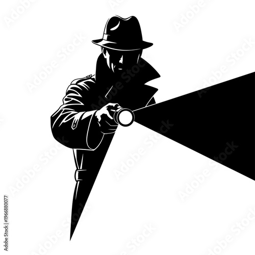 Mysterious Detective Figure Holding Flashlight in Dark Illustration.