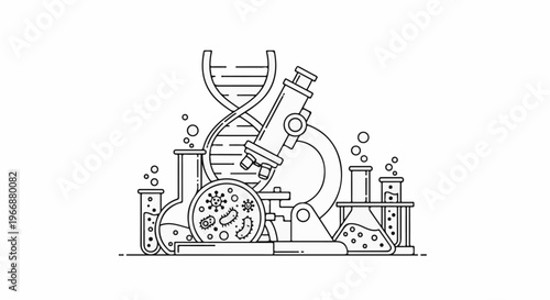 Scientific laboratory equipment, DNA strand, and microbes in a stylized illustration