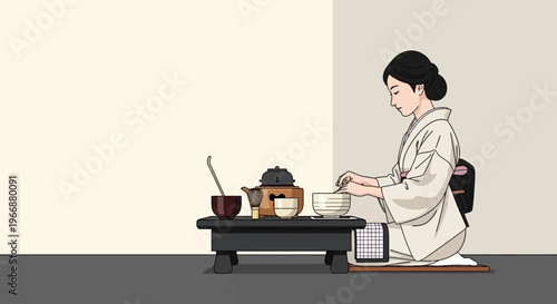 Japanese Woman in Kimono Performing Traditional Tea Ceremony