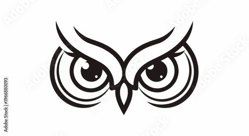Stylized close-up of an owl's large, intense eyes against a white background