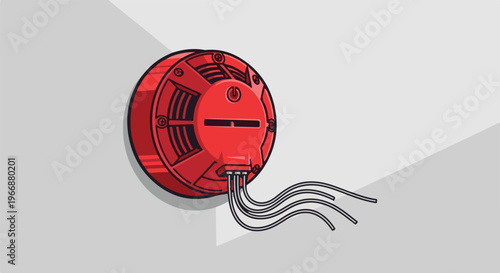 Red smoke detector with exposed wires on a plain wall