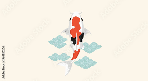 Minimalist Japanese Koi Fish Illustration with Decorative Clouds