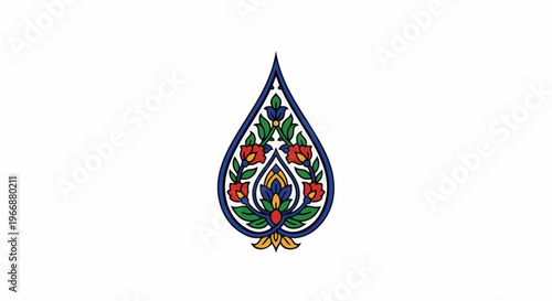 Ornate floral design in a teardrop shape with vibrant colors