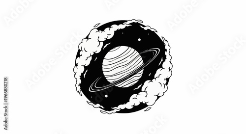 Ringed planet surrounded by clouds and stars in a black void