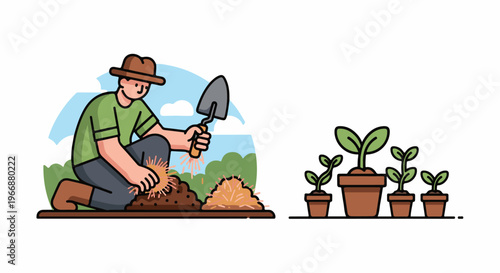 A gardener plants seeds in soil, with young plants growing in pots nearby