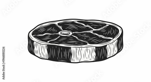 A stylized, black and white illustration of a raw steak cut