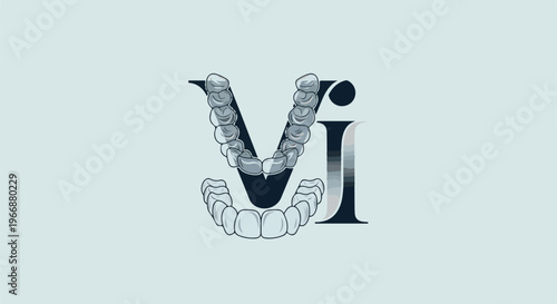 Stylized dental aligners forming parts of large, dark letters on a pale blue background