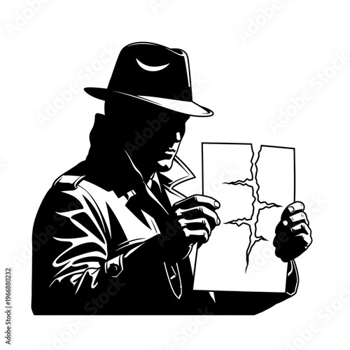 Mysterious Detective Examining Torn Document in Shadowy Silhouette.