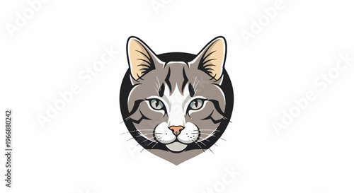 Stylized graphic illustration of a tabby cat's face with striking green eyes