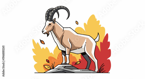 Stylized ibex with large curved horns standing on rock with autumn foliage