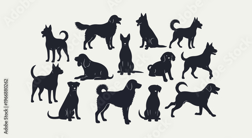 A collection of dark canine silhouettes stand and sit against a light background