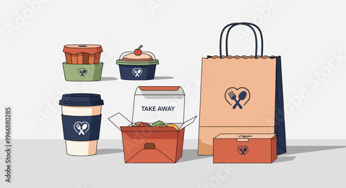 Set of Eco-Friendly Takeaway Food Packaging Containers and Paper Bag