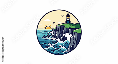 Stylized illustration of a lighthouse on a cliff overlooking crashing ocean waves at sunrise
