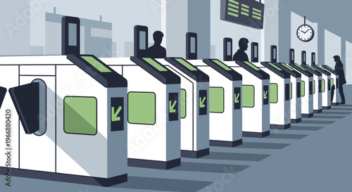 Modern Subway Turnstile Gates with Commuters at Train Station