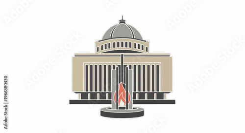 Stylized domed building with a central eternal flame monument