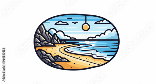 Oval emblem depicting a serene beach scene with rocky cliffs and the sun