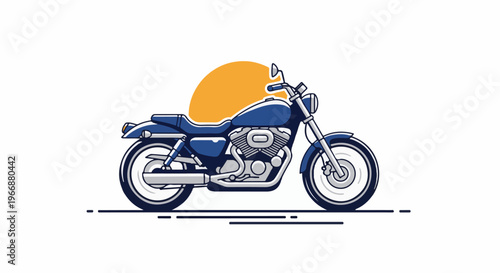 A blue motorcycle with chrome accents is depicted against a plain white background, with a large orange sun behind it