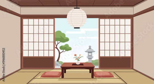 Traditional Japanese Interior with Tatami Mats and Garden View